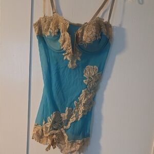 Frederick's of Hollywood Blue and Tan Lace Chemise